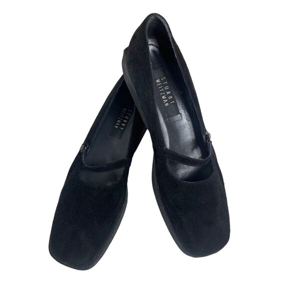 Vintage Stuart Weitzman 10 AAA Shoes Black Square Toe Mary Janes Suede? NARROW - Picture 1 of 10